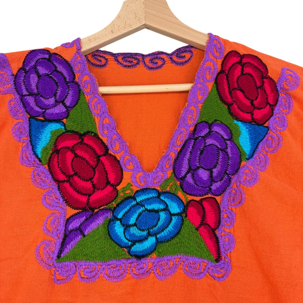 Vintage Mexican Floral Embroidered Huipil Top Orange Boho Sleeveless Large Folk